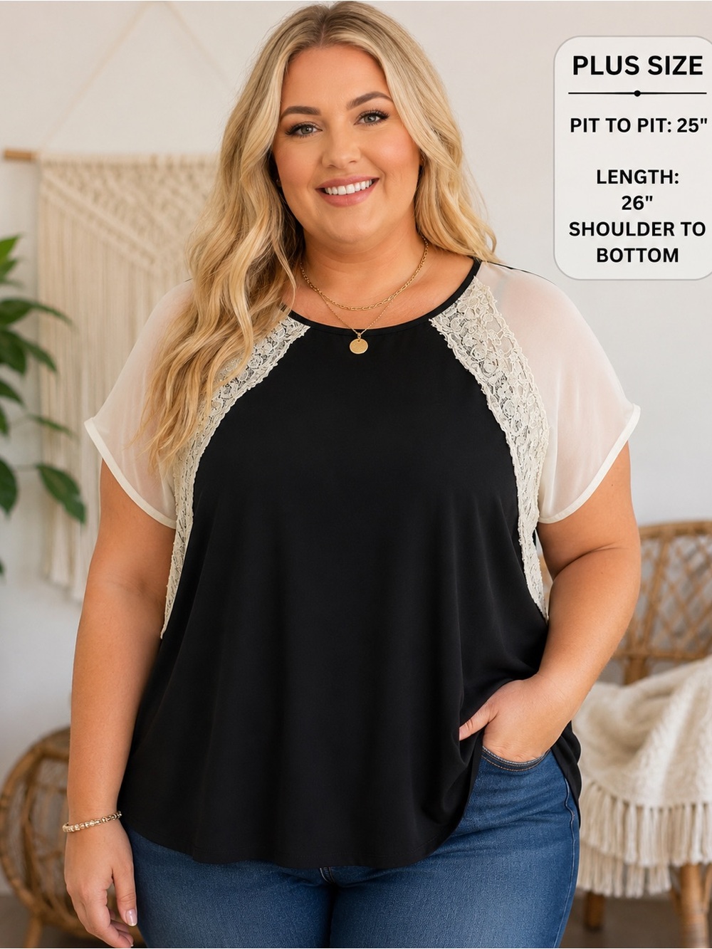 Cato Plus Size Black Top with Ivory Lace and Sheer Raglan Sleeves